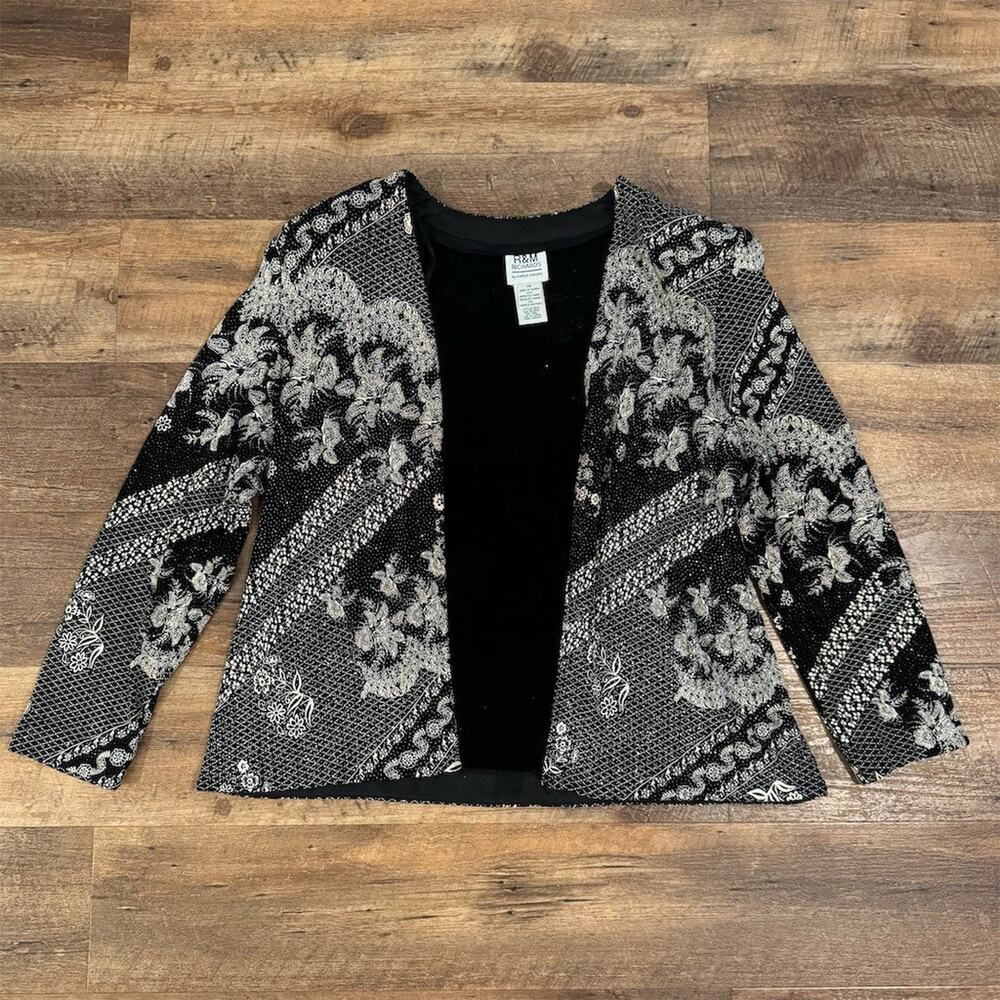 R&M Richards by Karen Kwong Embellished Jacket 14 Black White Floral Sparkle